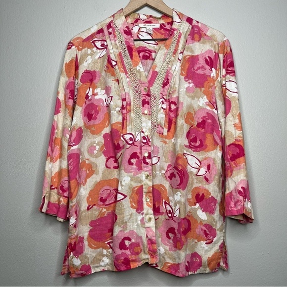 JM Collection Women 100% Linen Button Down Top Medium Pink Floral Embroidered - Picture 1 of 8